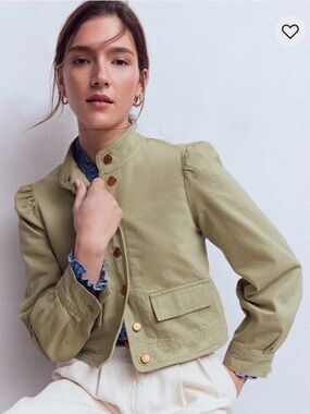 NEW Boden Topstitch Olive Green Cropped Denim Utility Jacket with Gold Buttons